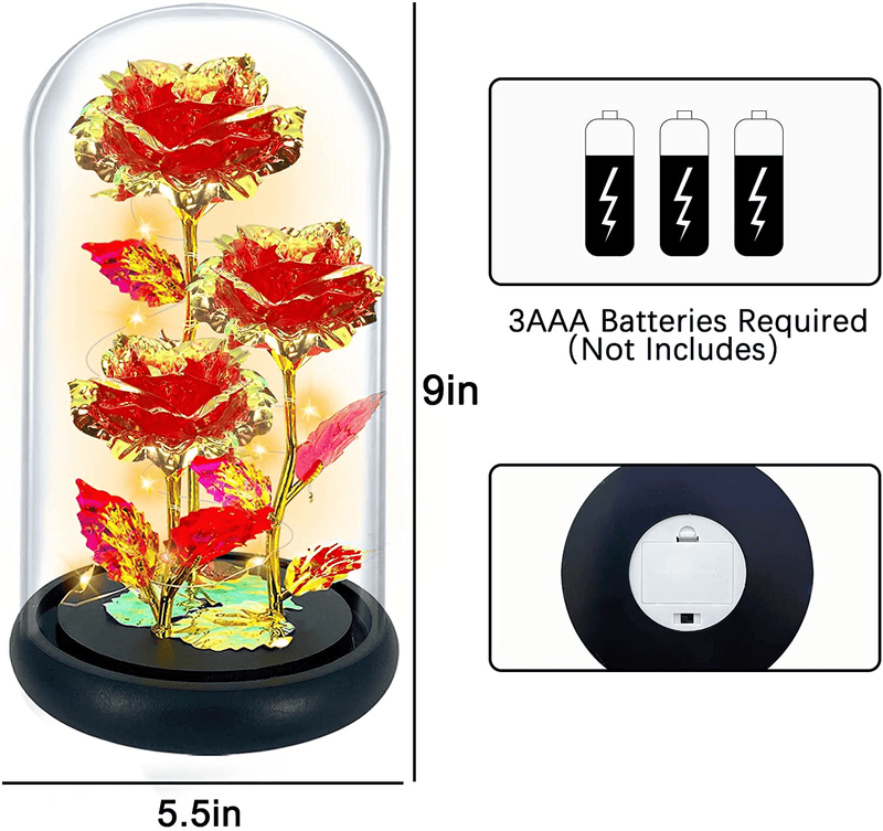 TURNMEON Rose Gift Valentines Gifts for Her, 3 Artificial Galaxy Forever Flowers Light up Roses in Glass Dome Birthday for Wife Girlfriend Mom Women Wedding(Red)