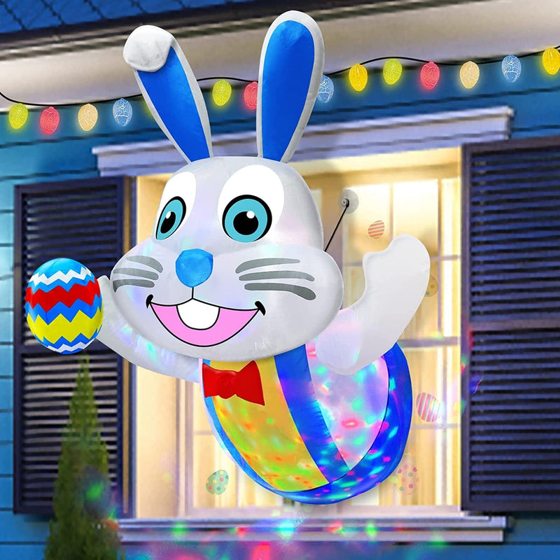 TURNMEON [ Rotating Colorful Lights ] 4 Ft Easter Inflatable Decoration Outdoor Blow up Bunny Holds Color Egg Lean Out from Window with Built-In LED for Yard Lawn Garden Indoor Easter Decoration Party