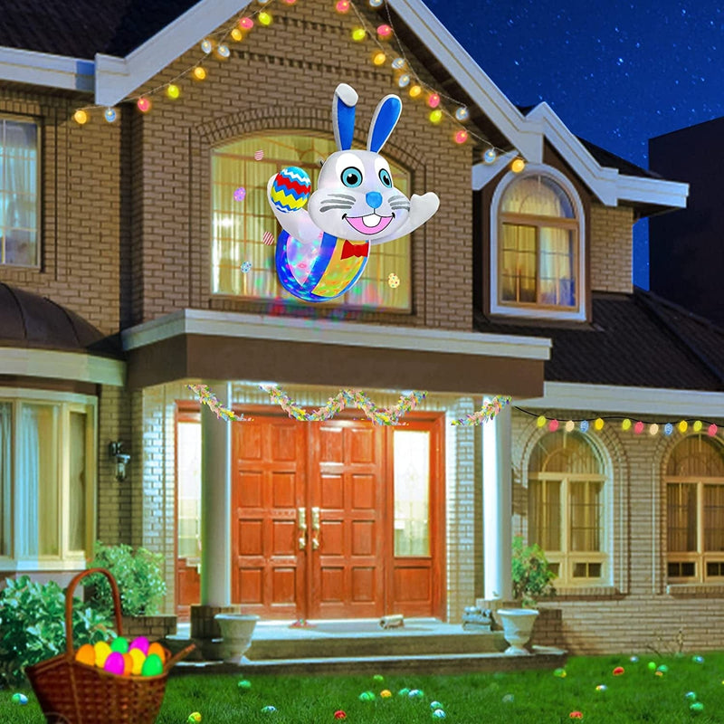 TURNMEON [ Rotating Colorful Lights ] 4 Ft Easter Inflatable Decoration Outdoor Blow up Bunny Holds Color Egg Lean Out from Window with Built-In LED for Yard Lawn Garden Indoor Easter Decoration Party