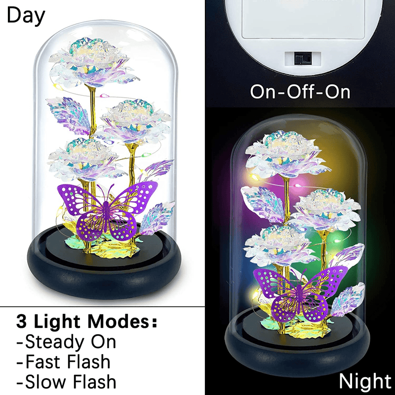 TURNMEON Valentine'S Day Artificial Flower Rose Gift for Her,Light up 3 Gold Foil Rose Butterfly in Glass Dome Forever Galaxy LED Rose Gift for Women Wife Girlfriend Valentines Anniversary (Color) Home & Garden > Decor > Seasonal & Holiday Decorations TURNMEON   