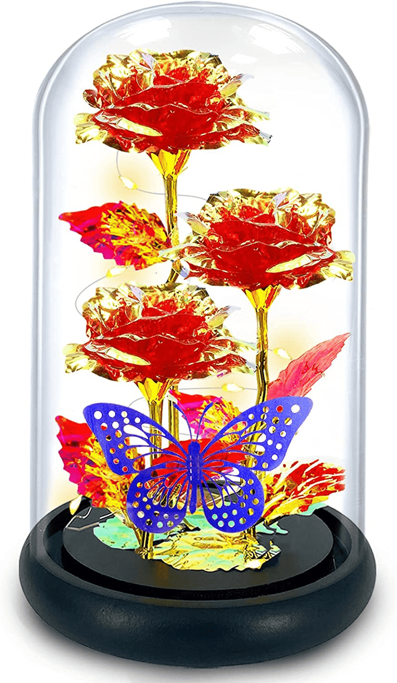 TURNMEON Valentine'S Day Artificial Flower Rose Gift for Her,Light up 3 Gold Foil Rose Butterfly in Glass Dome Forever Galaxy LED Rose Gift for Women Wife Girlfriend Valentines Anniversary (Color) Home & Garden > Decor > Seasonal & Holiday Decorations TURNMEON Red  