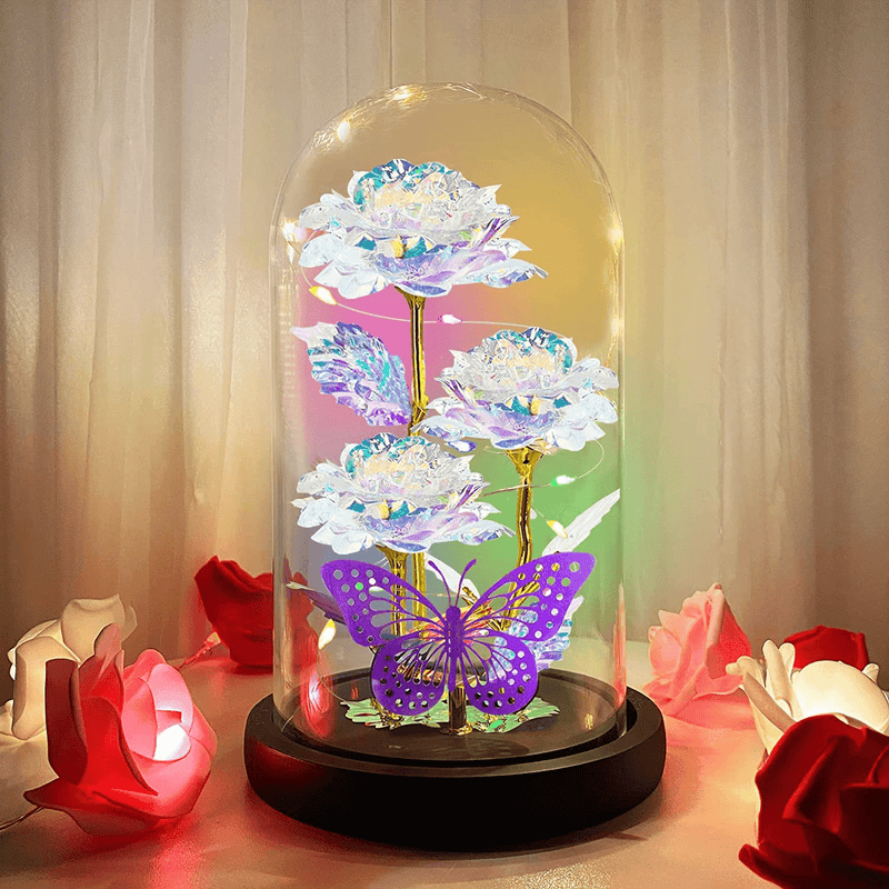 TURNMEON Valentine'S Day Artificial Flower Rose Gift for Her,Light up 3 Gold Foil Rose Butterfly in Glass Dome Forever Galaxy LED Rose Gift for Women Wife Girlfriend Valentines Anniversary (Color)