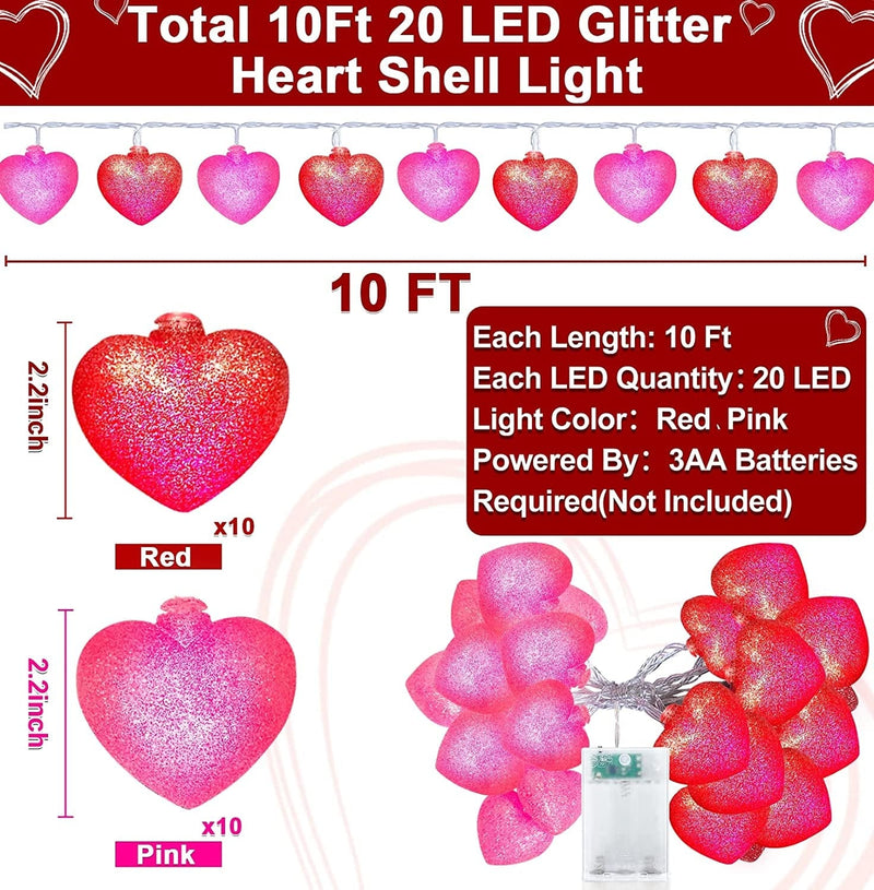 TURNMEON Valentine'S Day Glitter Heart Lights Decorations, 10 Ft 20 LED 3D Red Pink Hearts String Lights Battery Operated Valentines Day Decor for Indoor Outdoor Home Bedroom Party Wedding Anniversary Home & Garden > Lighting > Light Ropes & Strings TURNMEON   