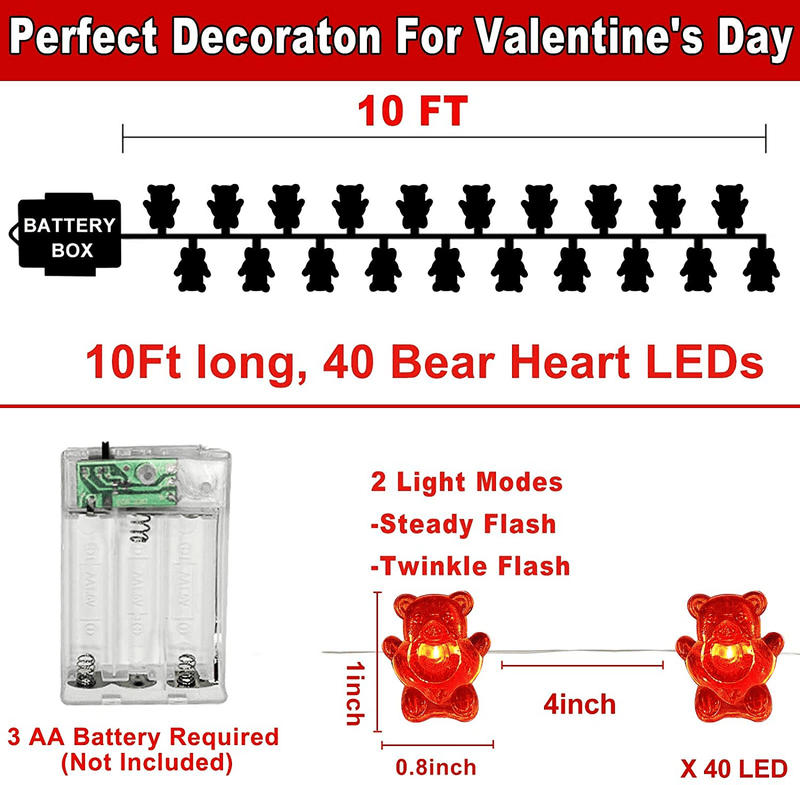 TURNMEON Valentine'S Day String Lights Decorations, 10Ft 40Led Heart String Lights, Red Fairy Lights Battery Operated Valentines Day Decor Bedroom Home Party Wedding Anniversary Indoor Outdoor Patio Home & Garden > Decor > Seasonal & Holiday Decorations TURNMEON   