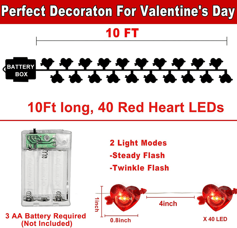 TURNMEON Valentine'S Day String Lights Decorations, 10Ft 40Led Heart String Lights, Red Fairy Lights Battery Operated Valentines Day Decor Bedroom Home Party Wedding Anniversary Indoor Outdoor Patio Home & Garden > Decor > Seasonal & Holiday Decorations TURNMEON   