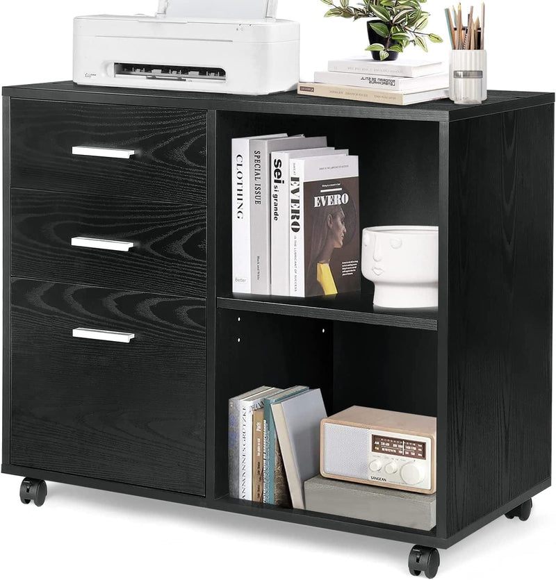 TUSY 3-Drawer Wood File Cabinet, Mobile Lateral Filing Cabinet with Rolling Wheel, Printer Stand with Open Storage Shelves for Home Office, Black Home & Garden > Household Supplies > Storage & Organization TUSY Black  