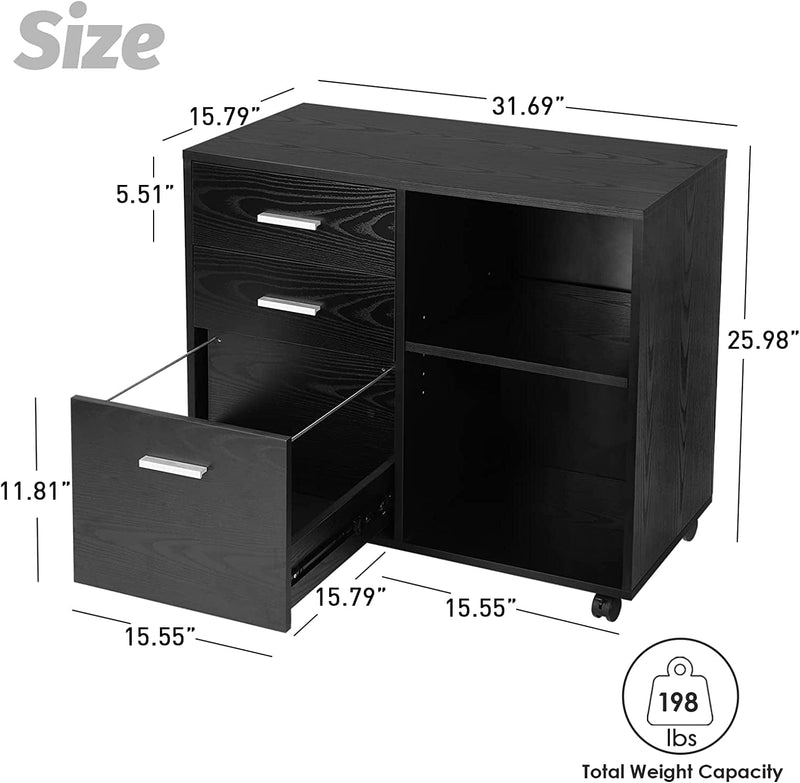 TUSY 3-Drawer Wood File Cabinet, Mobile Lateral Filing Cabinet with Rolling Wheel, Printer Stand with Open Storage Shelves for Home Office, Black Home & Garden > Household Supplies > Storage & Organization TUSY   