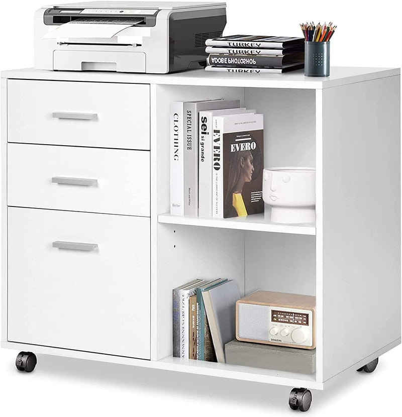 TUSY 3-Drawer Wood File Cabinet, Mobile Lateral Filing Cabinet with Rolling Wheel, Printer Stand with Open Storage Shelves for Home Office, Black Home & Garden > Household Supplies > Storage & Organization TUSY White  