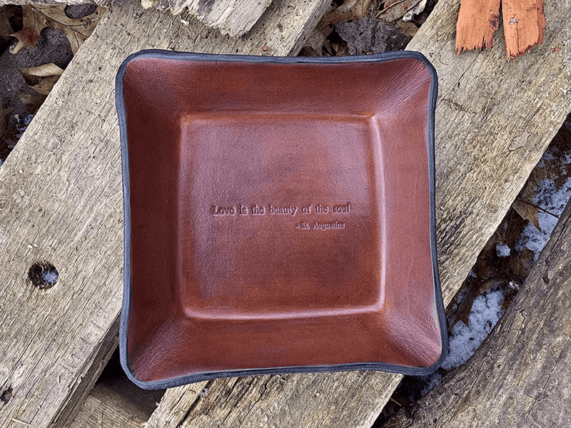 Twin Saints Brown Leather Third Anniversary Valet. St. Augustine Quote Inscribed Leather Desk Tray. Home & Garden > Decor > Decorative Trays Twin Saints   