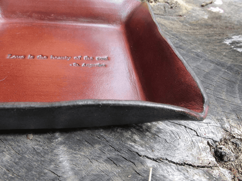 Twin Saints Brown Leather Third Anniversary Valet. St. Augustine Quote Inscribed Leather Desk Tray.