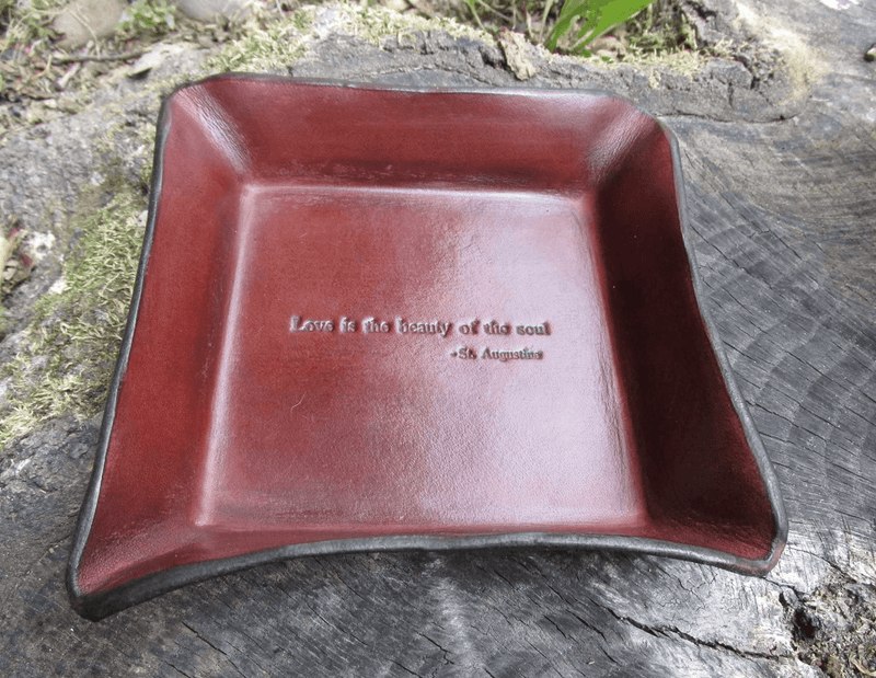 Twin Saints Brown Leather Third Anniversary Valet. St. Augustine Quote Inscribed Leather Desk Tray.