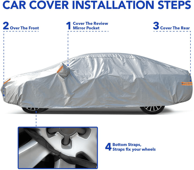 TWING Universal Full Car Cover for Automobiles Car Covers Waterproof Windproof All Weather Scratch Resistant Outdoor UV Protection with Adjustable Straps for Sedan Fits up to 185’’