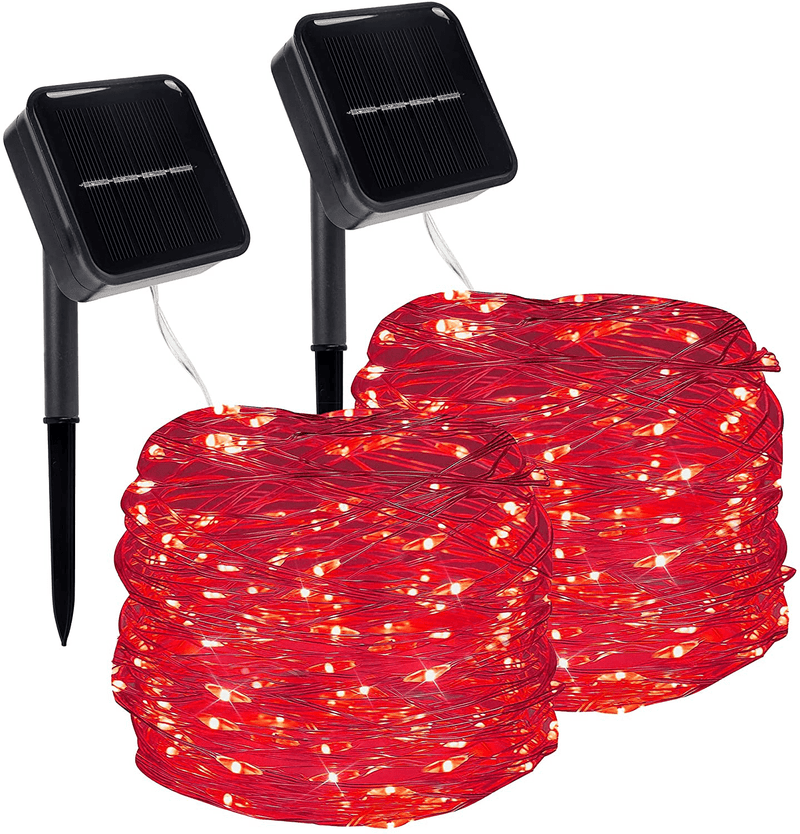 Twinkle Star 2 Pack Outdoor Solar String Lights, Each 39.4 FT 120 LED Solar Powered Valentines Day Decorative Fairy Lights with 8 Modes, Waterproof Silver Wire Light for Christmas Wedding Party, Red Home & Garden > Lighting > Light Ropes & Strings Twinkle Star Red  