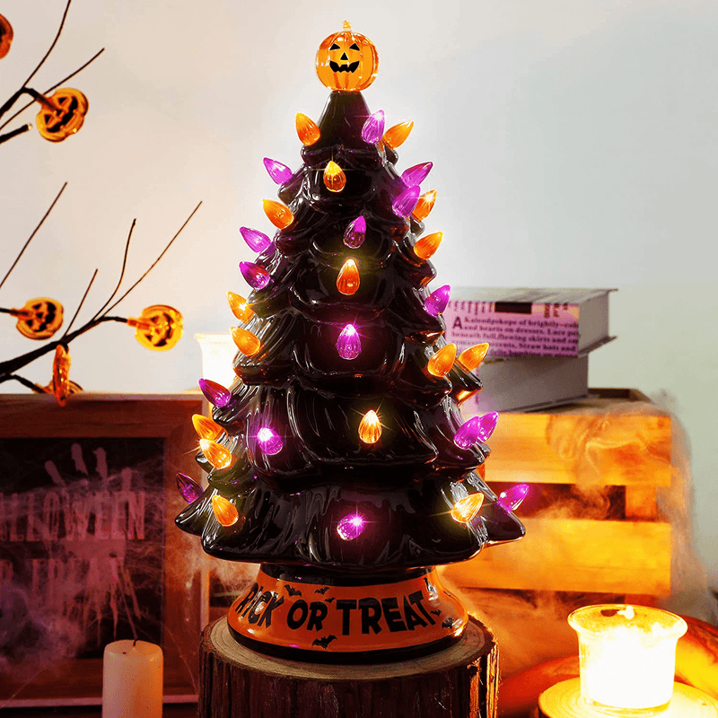Twinkle Star Pre-lit Halloween Ceramic Tree, 12 Inch Hand-Painted Mini Tabletop Tree, Lighted Orange & Purple Bulbs Pumpkin Top, Black Glossy Finish Pine Tree Holiday Party All Saints Day Decoration Arts & Entertainment > Party & Celebration > Party Supplies Twinkle Star   