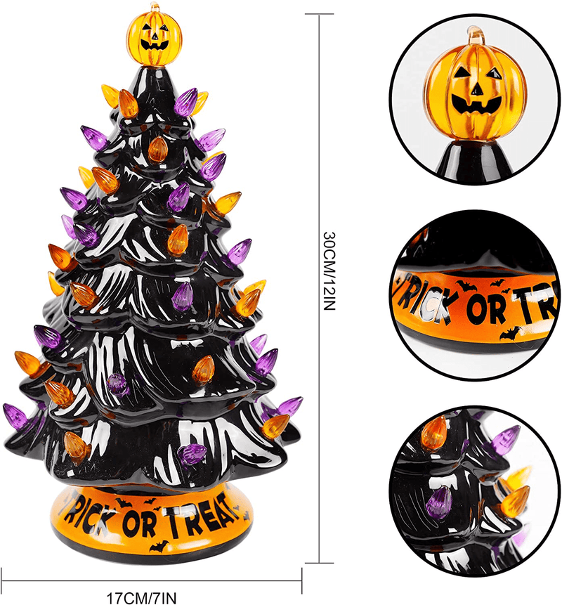 Twinkle Star Pre-lit Halloween Ceramic Tree, 12 Inch Hand-Painted Mini Tabletop Tree, Lighted Orange & Purple Bulbs Pumpkin Top, Black Glossy Finish Pine Tree Holiday Party All Saints Day Decoration Arts & Entertainment > Party & Celebration > Party Supplies Twinkle Star   
