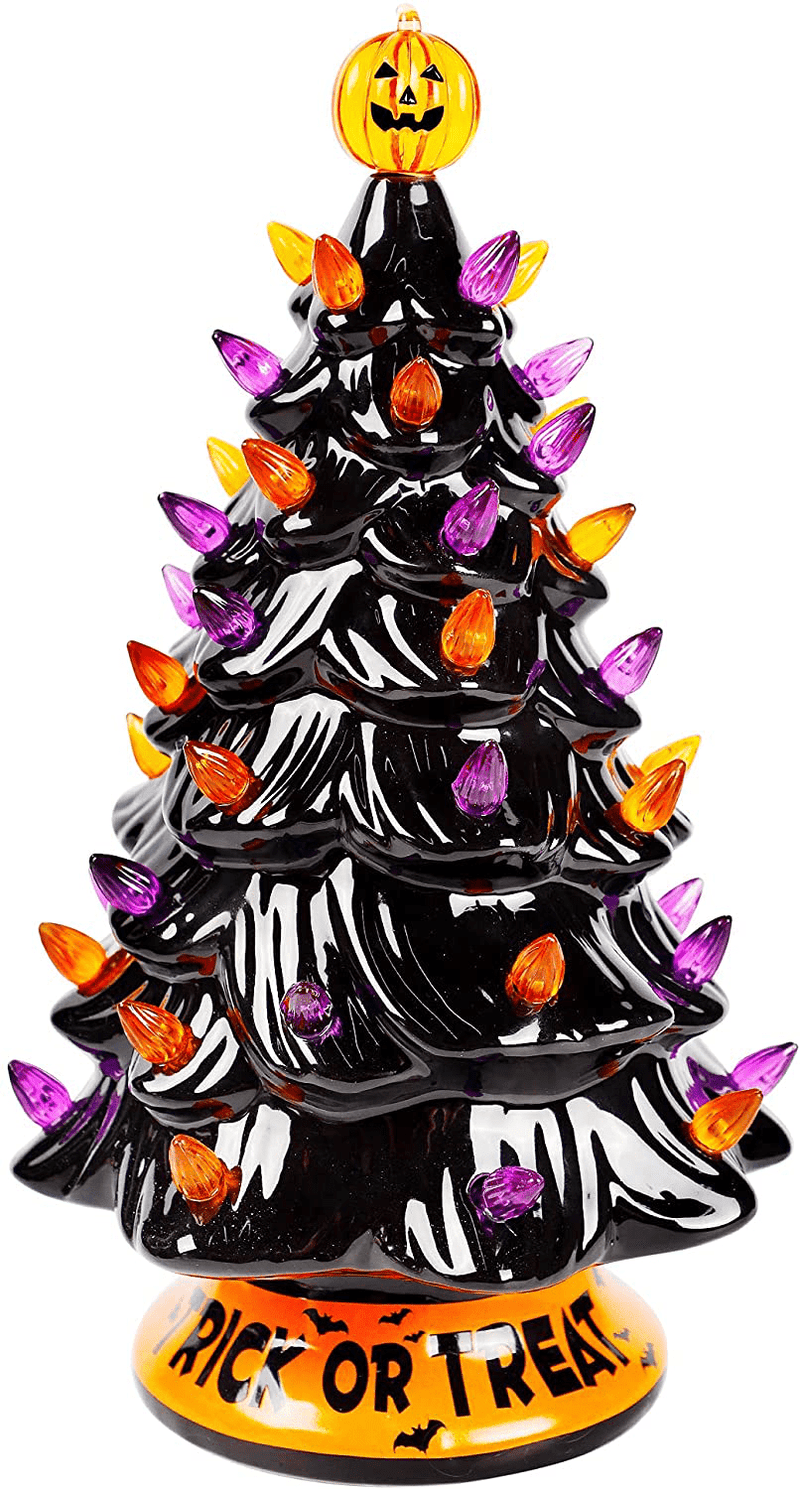 Twinkle Star Pre-lit Halloween Ceramic Tree, 12 Inch Hand-Painted Mini Tabletop Tree, Lighted Orange & Purple Bulbs Pumpkin Top, Black Glossy Finish Pine Tree Holiday Party All Saints Day Decoration Arts & Entertainment > Party & Celebration > Party Supplies Twinkle Star Default Title  