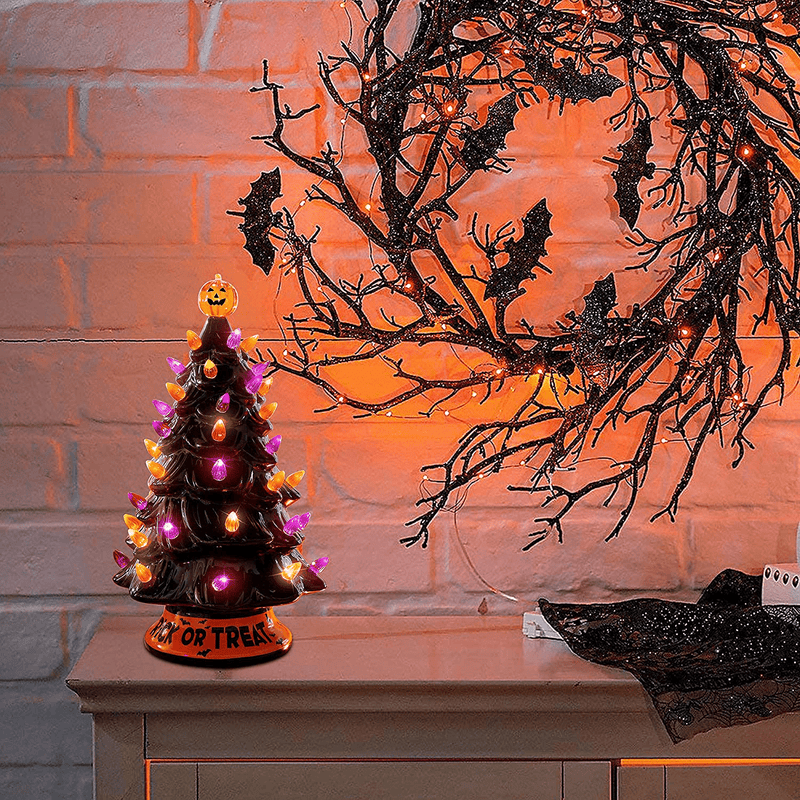Twinkle Star Pre-lit Halloween Ceramic Tree, 12 Inch Hand-Painted Mini Tabletop Tree, Lighted Orange & Purple Bulbs Pumpkin Top, Black Glossy Finish Pine Tree Holiday Party All Saints Day Decoration