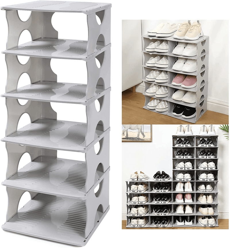 TXALWIQ 6-Tier Shoe Rack Shoe Slots Organizer, Stackable Shoe Storage Organizer for Bedroom & Entryway, Adjustable Shoe Rack, Space Saver Shoe Organizer Shelf, Easy Assembly and Clean,Grey