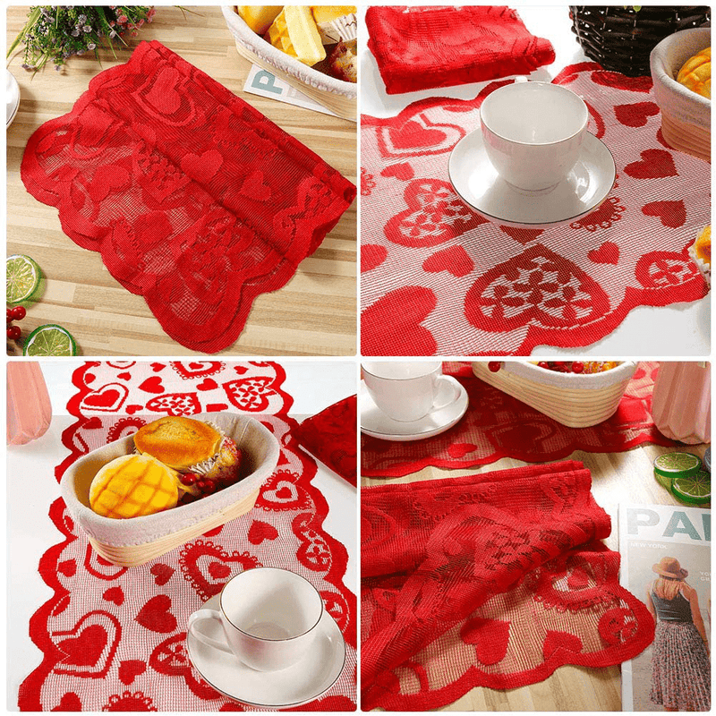 U/D 2 Pieces Valentine'S Day Table Runner Love Heart Table Cloth Runner Red Lace Heart Table Decoration for Valentines Wedding Party Home & Garden > Decor > Seasonal & Holiday Decorations U/D   