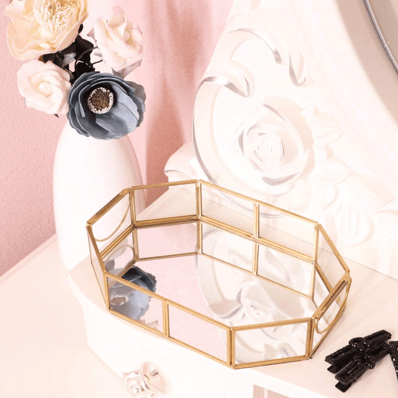 U HOME Gold Mirror Tray Mirrored Jewelry Tray Perfume Tray Vanity Tray Dresser Tray Ornate Tray Metal Decorative Tray Jewelry Perfume Organizer Makeup(12.6" 8.5" 2")