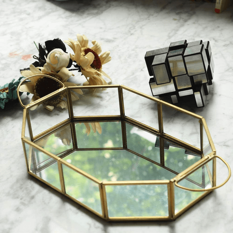 U HOME Gold Mirror Tray Mirrored Jewelry Tray Perfume Tray Vanity Tray Dresser Tray Ornate Tray Metal Decorative Tray Jewelry Perfume Organizer Makeup(12.6" 8.5" 2")
