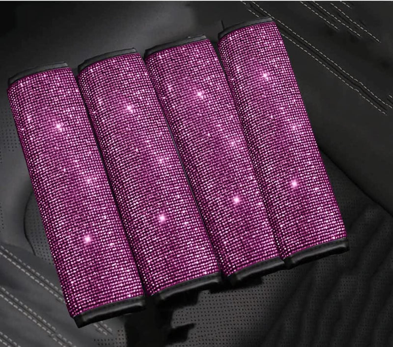 U&M 4 Packs Bling Bling Seat Belt Shoulder Pads, Luster Crystal Car Seatbelt Covers Diamond Car Decor Accessories for Women (Silver) (Pink)