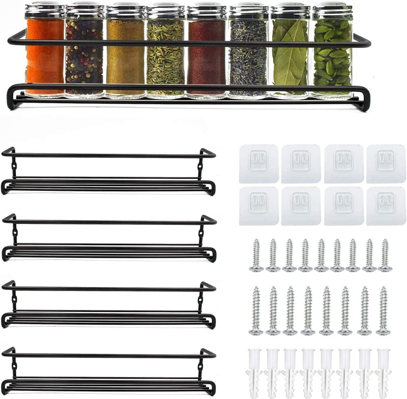U&MEI 4 Pack Wall Mount Spice Rack, Single Tier Hanging Organizers, Spice Storage Stand to Store Jars, Display Bottles Seasoning Organizer for Kitchen, Pantry (4 PACK)