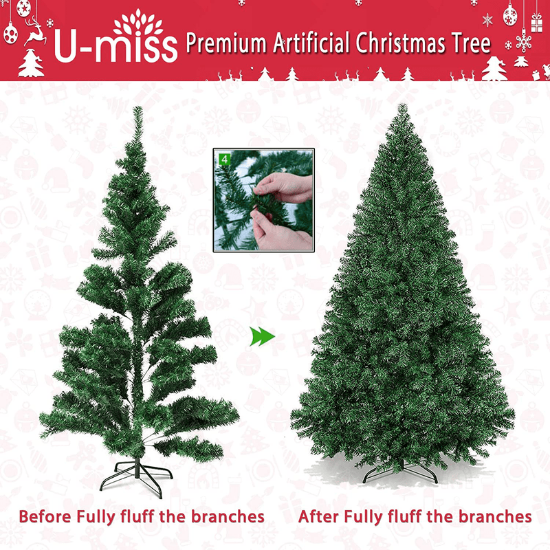 U-miss 7.5ft Artificial Holiday Christmas Tree for Home, Office, Party Decoration, more than 1,450 Tips, Easy Assembly, Metal Foldable Base