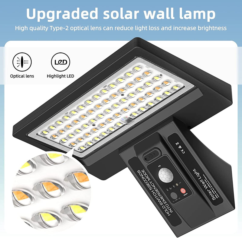 UCGG Solar Wall Light Outdoor, 650Lm IP65 Waterproof Type 2 Optical Lens 64 LED Dual Color Temperature 3-Mode Lighting Wall Light with Remote Control, PIR Motion Sensor and USB Charging Home & Garden > Lighting > Lamps UCGG   