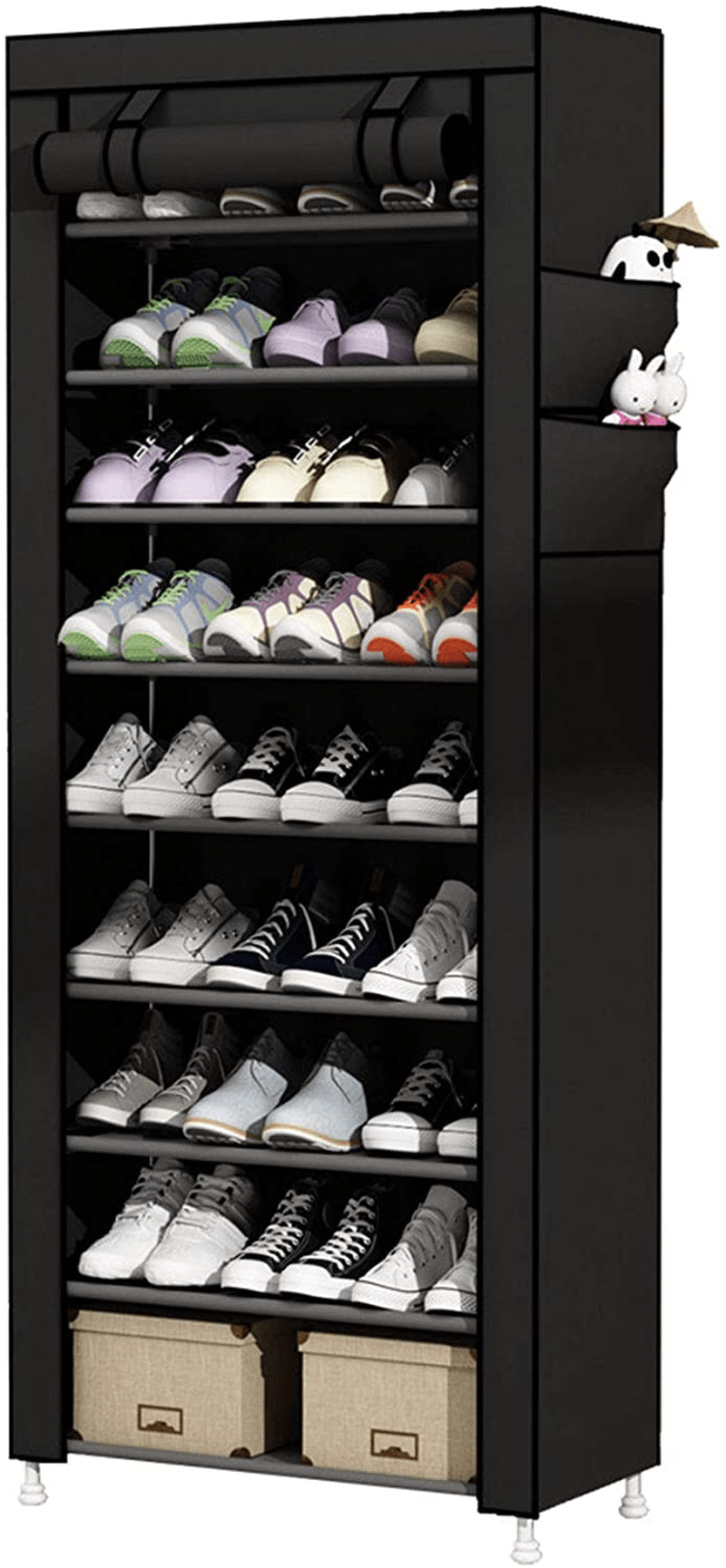 UDEAR 9 Tier Shoe Rack with Dustproof Cover Shoe Shelf Storage Organizer Black Furniture > Cabinets & Storage > Armoires & Wardrobes UDEAR Black  