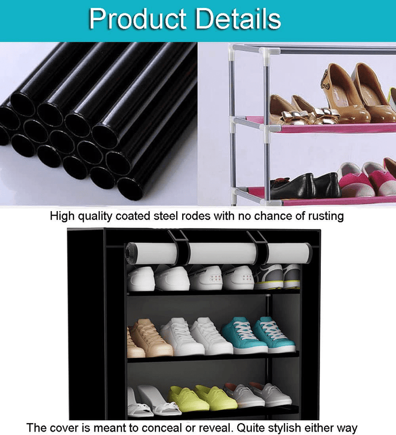 UDEAR 9 Tier Shoe Rack with Dustproof Cover Shoe Shelf Storage Organizer Black Furniture > Cabinets & Storage > Armoires & Wardrobes UDEAR   