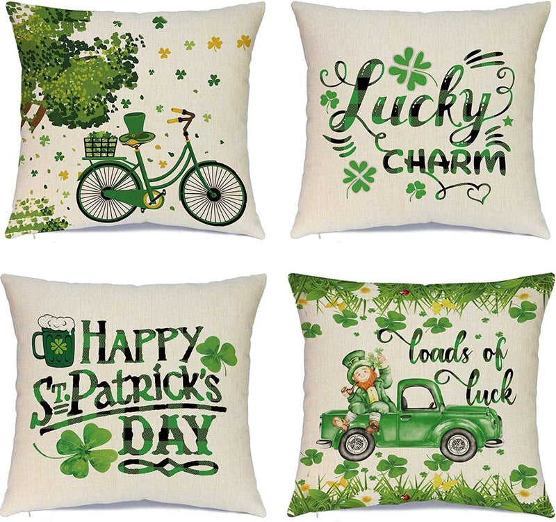 Ueerdand St Patrick'S Day Pillow Covers Set of 4 18X18 Inch Lucky Charm Shamrock Happy St Patrick'S Day Decorations Green Clover Buffalo Plaid Pillow Case Throw Cushion Covers for Home Sofa Home & Garden > Decor > Seasonal & Holiday Decorations Ueerdand 20 x 20 Inch  