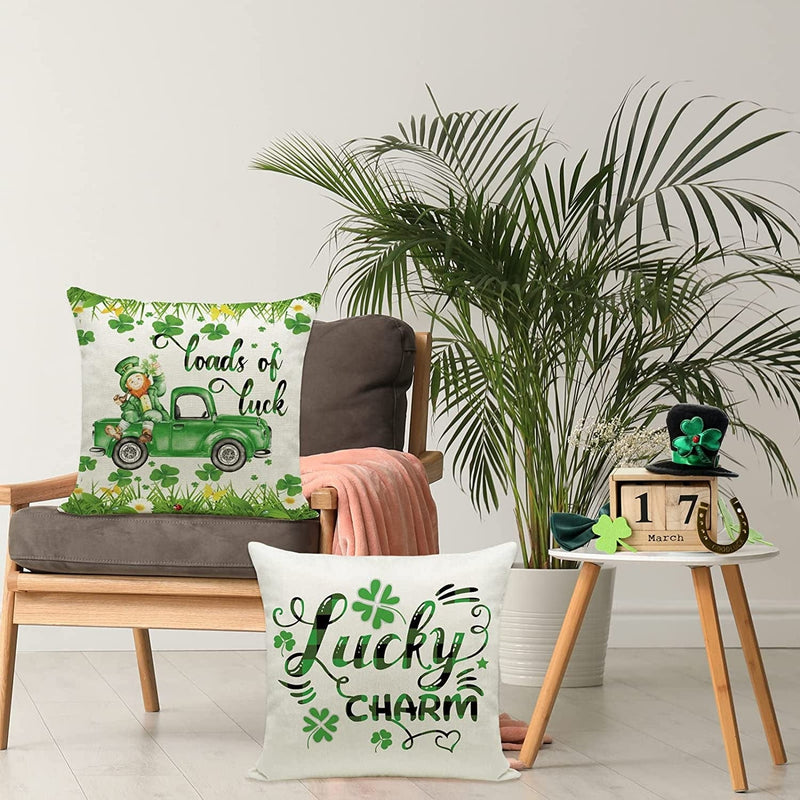 Ueerdand St Patrick'S Day Pillow Covers Set of 4 18X18 Inch Lucky Charm Shamrock Happy St Patrick'S Day Decorations Green Clover Buffalo Plaid Pillow Case Throw Cushion Covers for Home Sofa Home & Garden > Decor > Seasonal & Holiday Decorations Ueerdand   