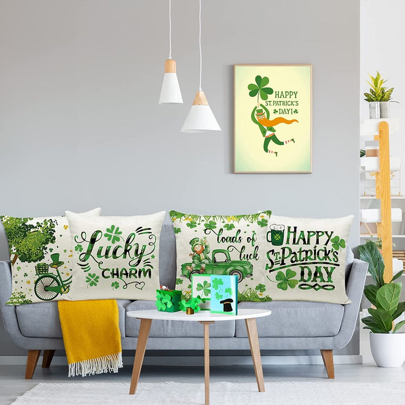 Ueerdand St Patrick'S Day Pillow Covers Set of 4 18X18 Inch Lucky Charm Shamrock Happy St Patrick'S Day Decorations Green Clover Buffalo Plaid Pillow Case Throw Cushion Covers for Home Sofa Home & Garden > Decor > Seasonal & Holiday Decorations Ueerdand   