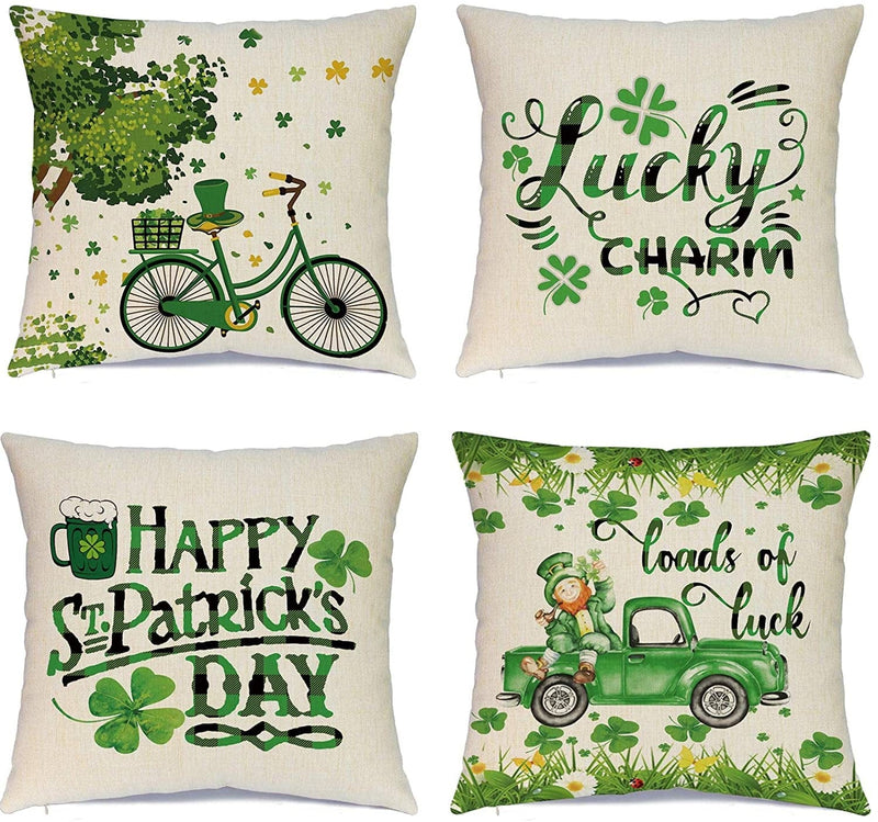 Ueerdand St Patrick'S Day Pillow Covers Set of 4 18X18 Inch Lucky Charm Shamrock Happy St Patrick'S Day Decorations Green Clover Buffalo Plaid Pillow Case Throw Cushion Covers for Home Sofa Home & Garden > Decor > Seasonal & Holiday Decorations Ueerdand 18 x 18-Inch  