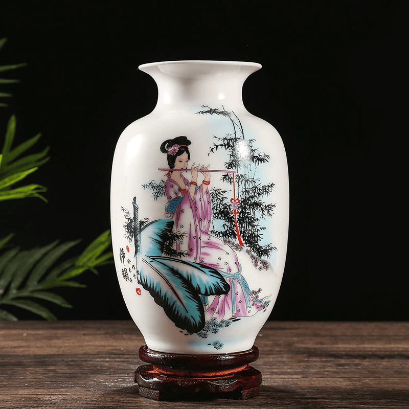 ufengke Chinese Retro White Porcelain Ceramic Vase with Base, Beauty Painting, Art Home Decoration, Type A Home & Garden > Decor > Vases ufengke   