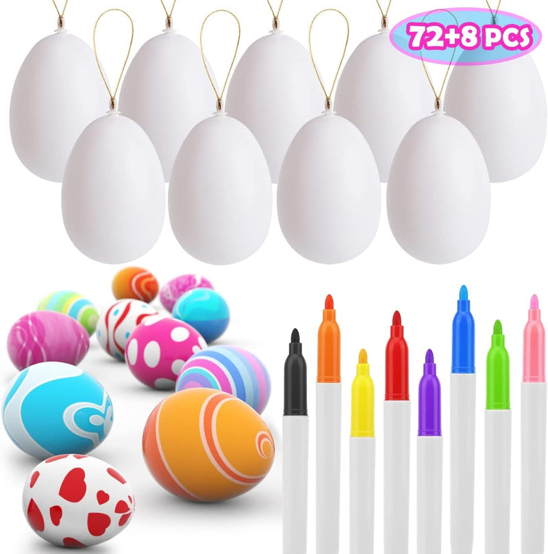 UFUNGA 72 Pcs White Blank Easter Eggs with 8 Pens, Hanging Plastic Easter Eggs with Rope, Artificial DIY Creative Decoration Eggs for Party Favors