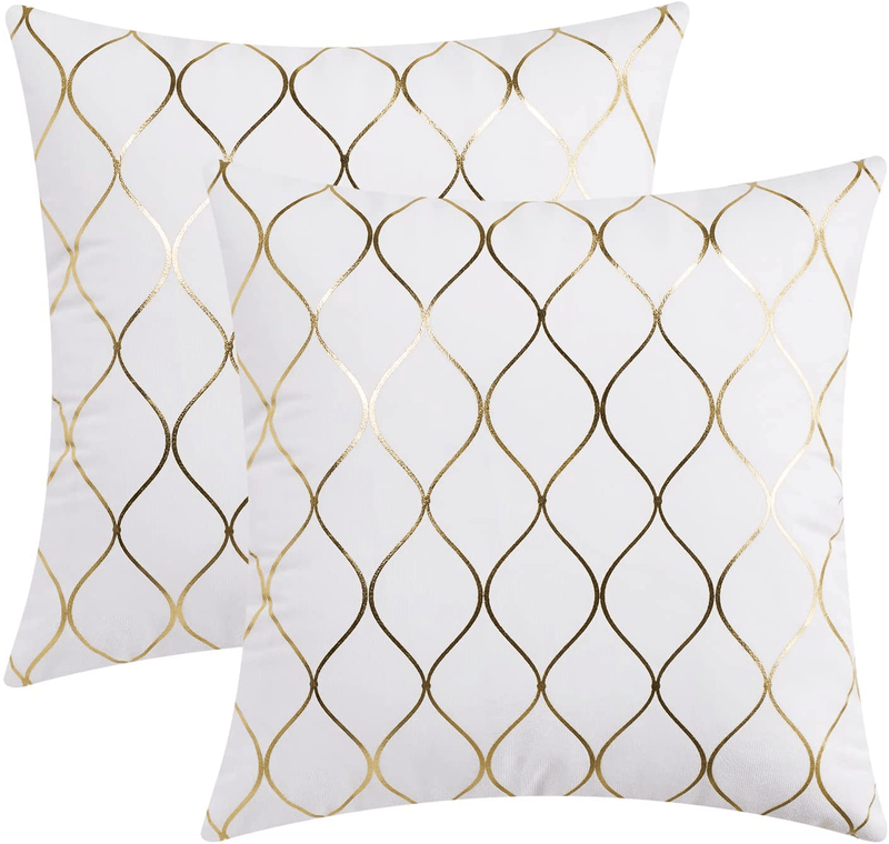 UINI 2 Pack Modern Decorative Throw Pillow Covers, 18X18 Inch White Gold Foil Pillow Covers, Geometric Lines Pillow Cover, Soft Velvet Square Pillowcases Cushion Case for Couch, Bed, Living Room Home & Garden > Decor > Chair & Sofa Cushions UINI White and Gold 18x18 