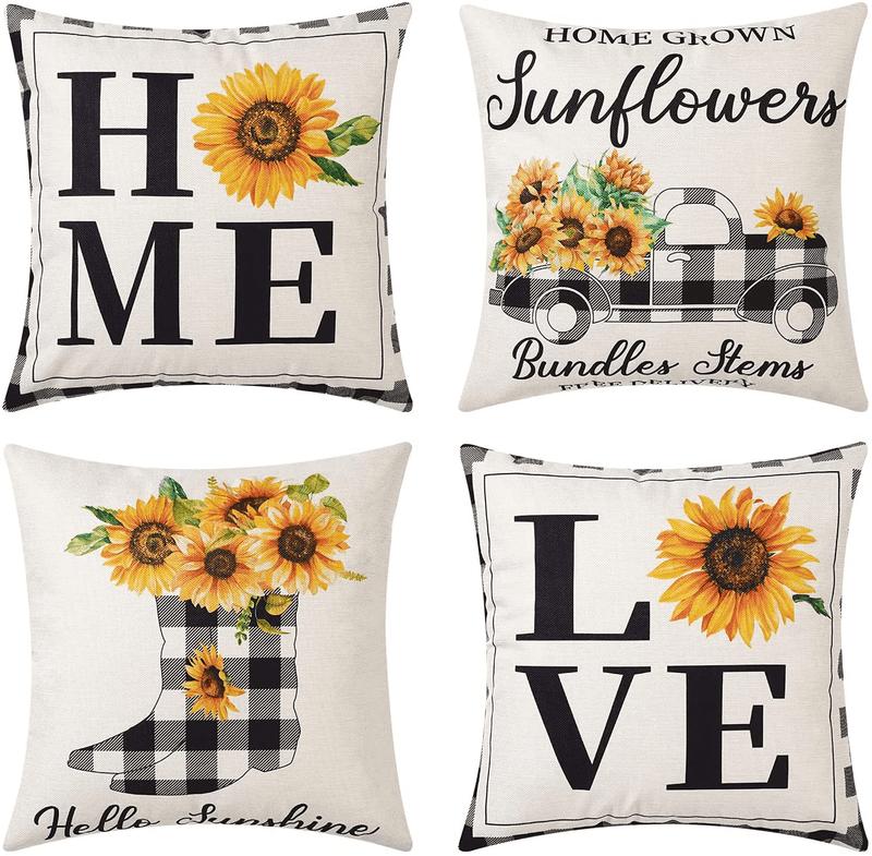 UINI Farmhouse Decoration Throw Pillow Cover, Set of 4 Yellow Sunflower Pillow Covers 18X18 Inch, Black and White Buffalo Pillowcase Summer Outdoor Cushion Covers for Bed, Living Room, Couch