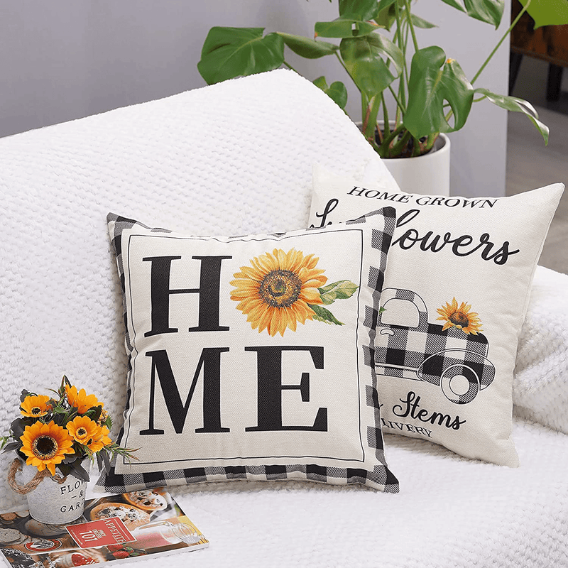 UINI Farmhouse Decoration Throw Pillow Cover, Set of 4 Yellow Sunflower Pillow Covers 18X18 Inch, Black and White Buffalo Pillowcase Summer Outdoor Cushion Covers for Bed, Living Room, Couch