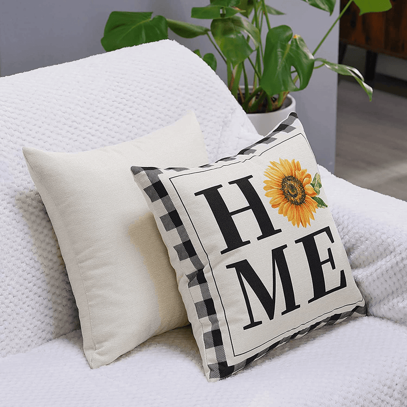 UINI Farmhouse Decoration Throw Pillow Cover, Set of 4 Yellow Sunflower Pillow Covers 18X18 Inch, Black and White Buffalo Pillowcase Summer Outdoor Cushion Covers for Bed, Living Room, Couch Home & Garden > Decor > Chair & Sofa Cushions UINI   
