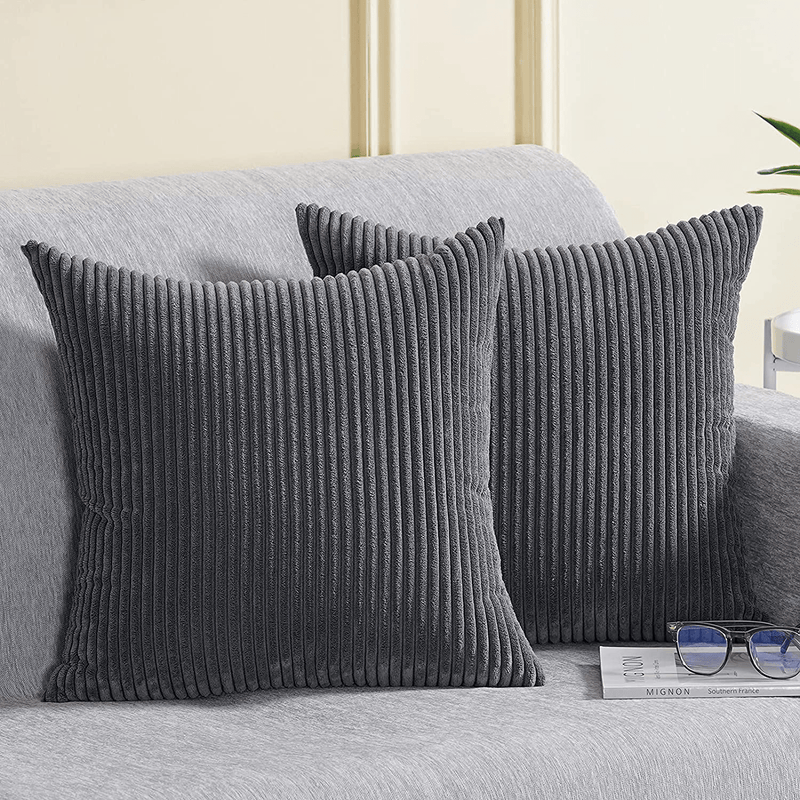 UINI Striped Corduroy Throw Pillow Covers, Set of 2 Gray Decorative Pillow Covers 18X18 Inch, Soft Grey Square Pillowcase Cushion Cover for Sofa, Couch, Bed, Home Accent
