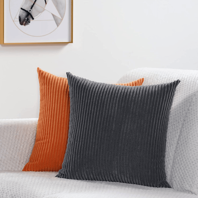 UINI Striped Corduroy Throw Pillow Covers, Set of 2 Gray Decorative Pillow Covers 18X18 Inch, Soft Grey Square Pillowcase Cushion Cover for Sofa, Couch, Bed, Home Accent