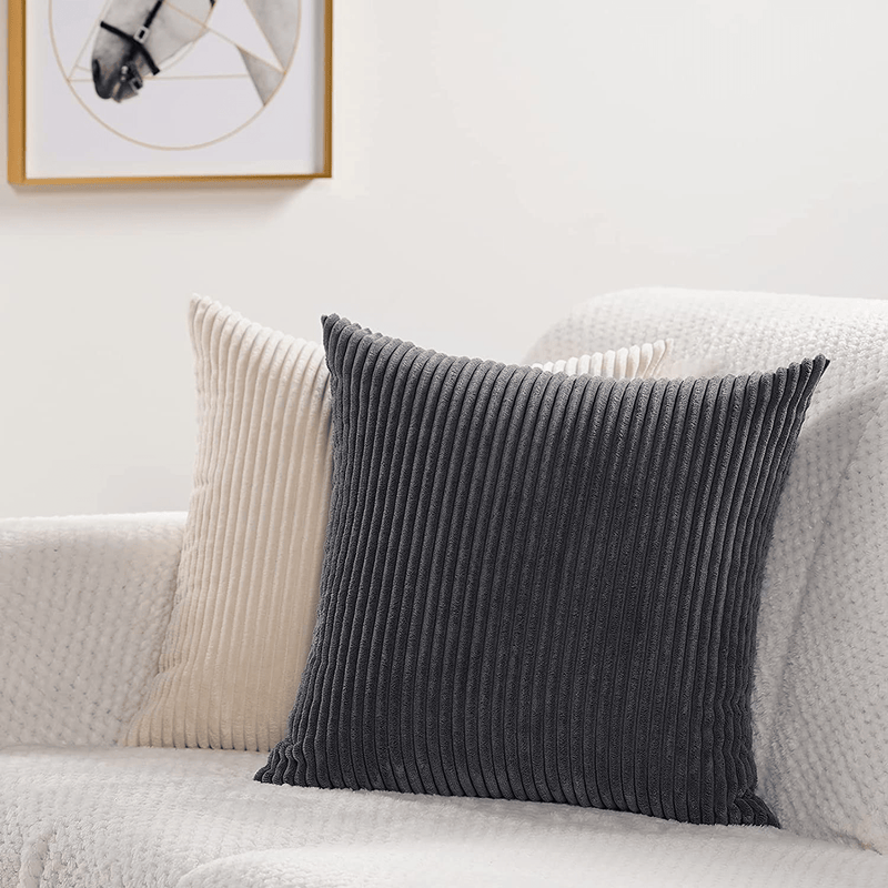UINI Striped Corduroy Throw Pillow Covers, Set of 2 Gray Decorative Pillow Covers 18X18 Inch, Soft Grey Square Pillowcase Cushion Cover for Sofa, Couch, Bed, Home Accent Home & Garden > Decor > Chair & Sofa Cushions UINI   