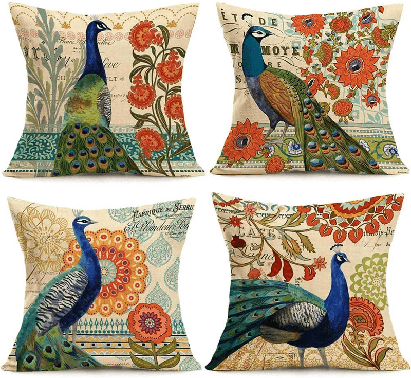 ULOVE LOVE YOURSELF 4Pack Peacock Throw Pillow Covers Only Decorative Square Pillowcases Cotton Linen Cushion Cover 18 X 18 Inch (Peacock) Home & Garden > Decor > Chair & Sofa Cushions ULOVE LOVE YOURSELF   