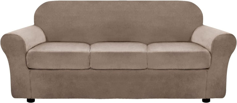 ULTICOR 4-Piece Velvet Stretch Sofa Cover for 3 Cushion Sofa, Soft Luxury Thick Velvet Sofa Cover for 3 Seat Couch, Modern Sofa Slipcovers, Machine Washable (Dark Grey, Large) Home & Garden > Decor > Chair & Sofa Cushions ULTICOR Taupe Large 