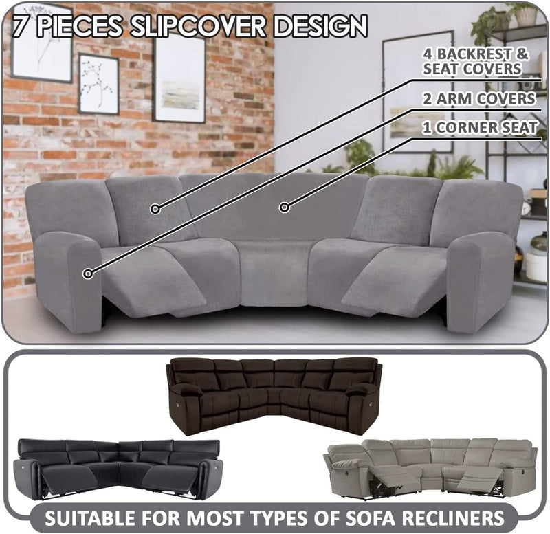 ULTICOR 7-Piece L Shape Sectional Recliner Sofa Covers, Velvet Stretch Reclining Couch Covers for Reclining L Shape Sofa, Thick, Soft, Washable (Light Gray, L Shape 5 Seat Recliner Cover) Home & Garden > Decor > Chair & Sofa Cushions ULTICOR   