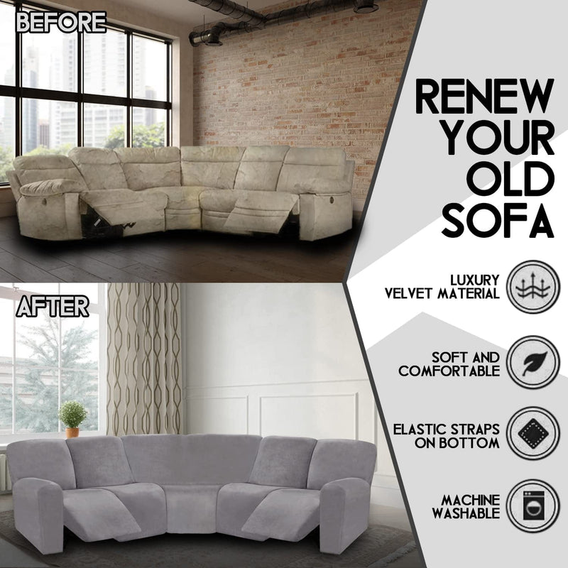 ULTICOR 7-Piece L Shape Sectional Recliner Sofa Covers, Velvet Stretch Reclining Couch Covers for Reclining L Shape Sofa, Thick, Soft, Washable (Light Gray, L Shape 5 Seat Recliner Cover) Home & Garden > Decor > Chair & Sofa Cushions ULTICOR   