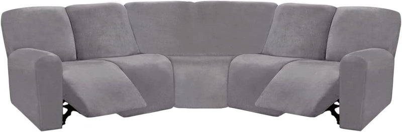 ULTICOR 7-Piece L Shape Sectional Recliner Sofa Covers, Velvet Stretch Reclining Couch Covers for Reclining L Shape Sofa, Thick, Soft, Washable (Light Gray, L Shape 5 Seat Recliner Cover)