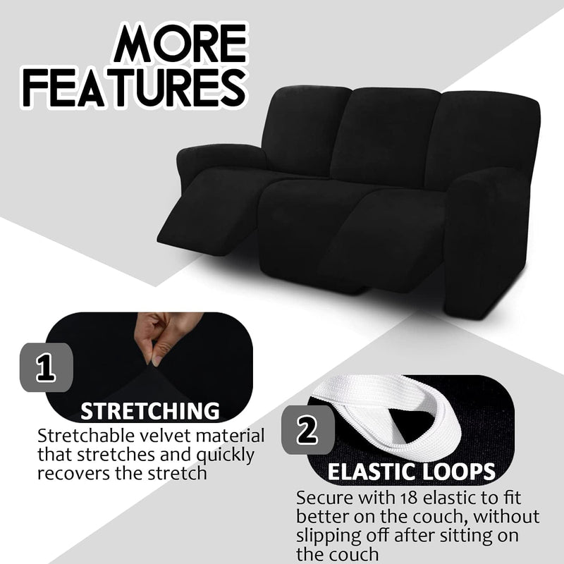 ULTICOR 8-Pieces Recliner Sofa Covers Velvet Stretch Reclining Couch Covers for 3 Cushion Reclining Sofa Slipcovers Furniture Covers Thick Soft Washable (Black) Home & Garden > Decor > Chair & Sofa Cushions ULTICOR   